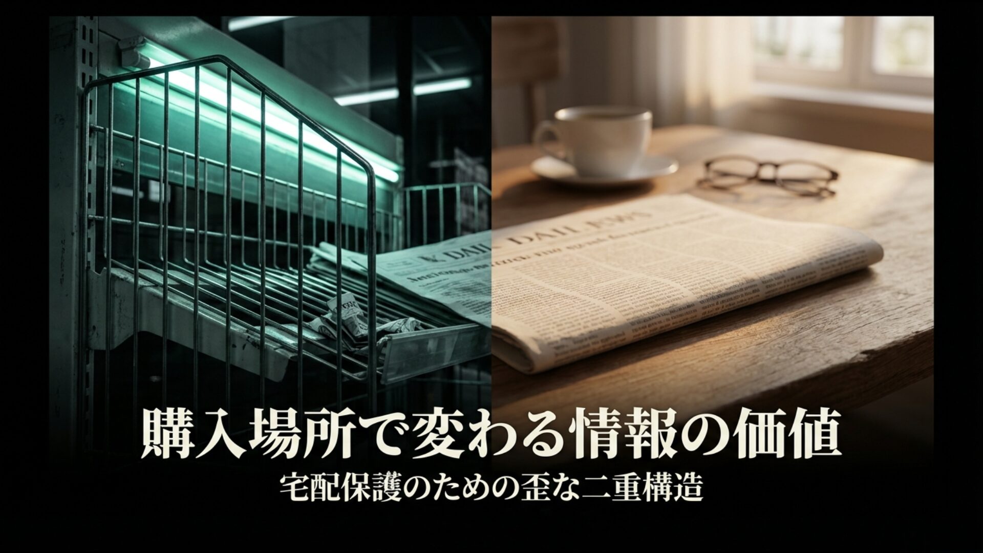 新聞の宅配（8%）とコンビニ（10%）の税率差を示す二重構造の図解