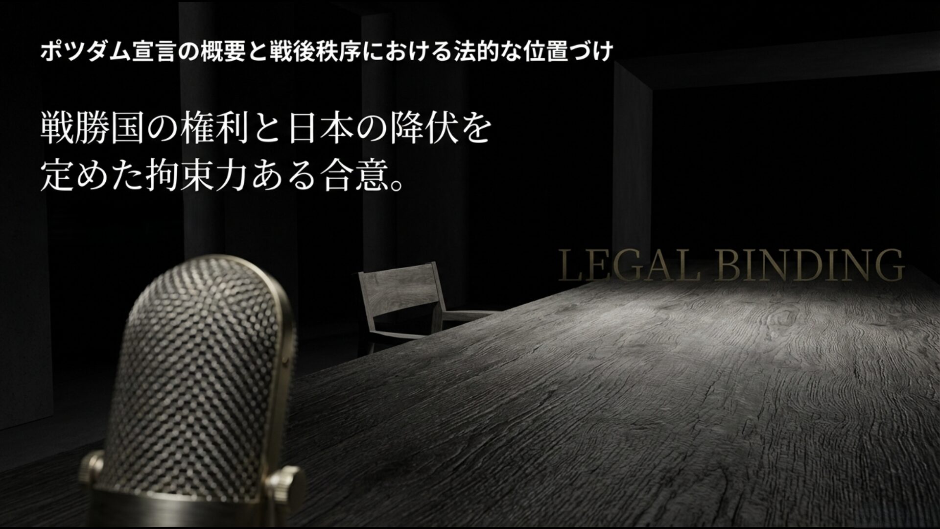 戦後秩序の原点となったポツダム宣言の概要と戦勝国の権利、日本の降伏を定めた合意の解説図