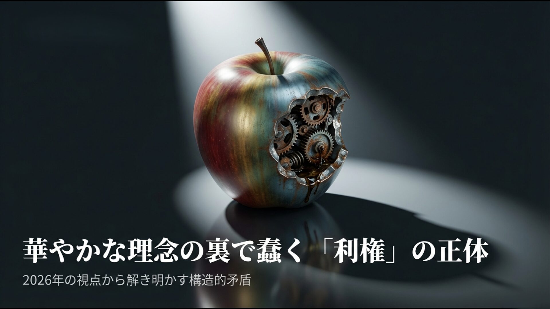 華やかなSDGsの理念とその裏で蠢く利権や構造的矛盾を表現したイメージ画像