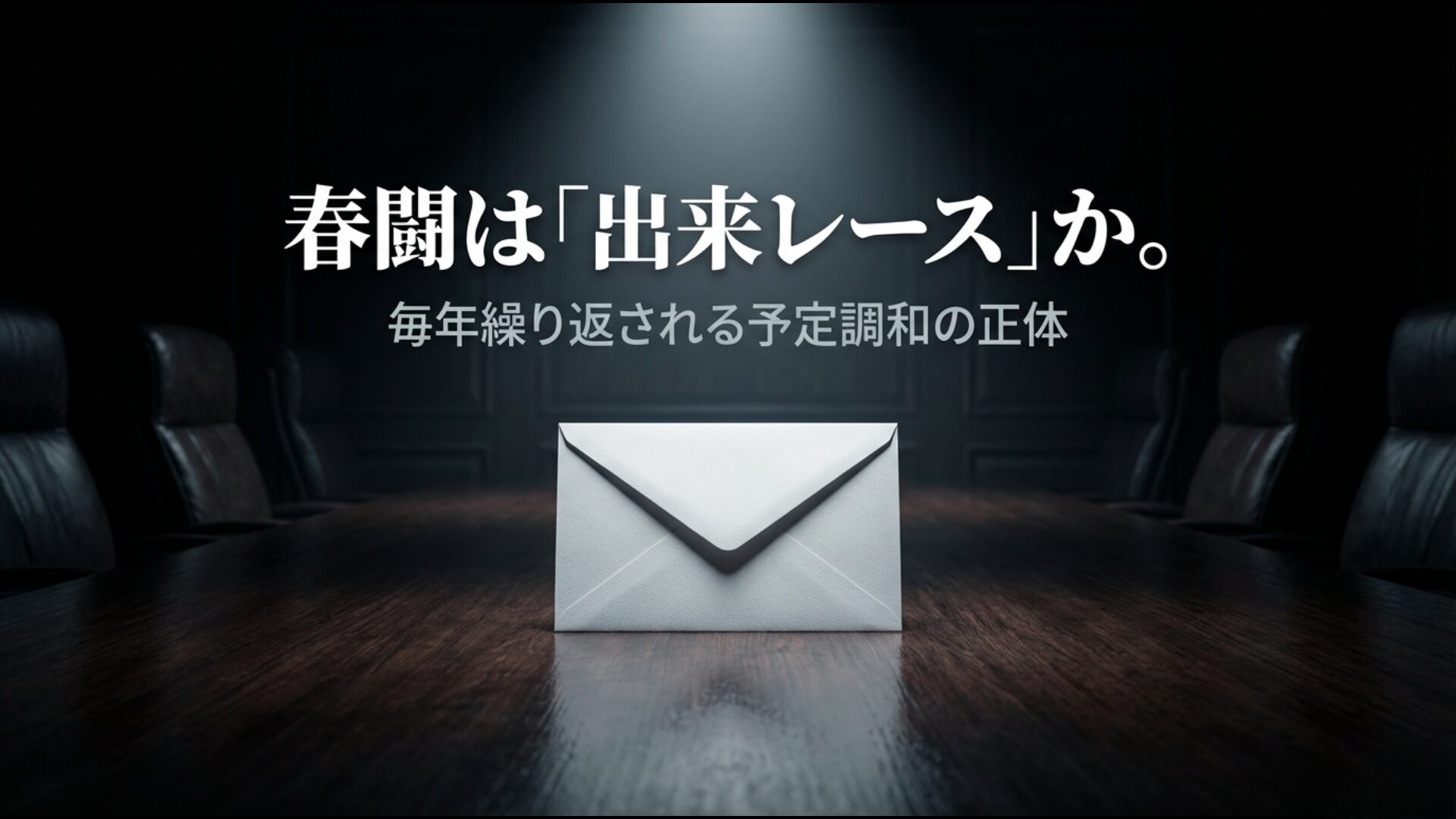 春闘の交渉風景をイメージした、予定調和の正体を探る記事のアイキャッチ画像