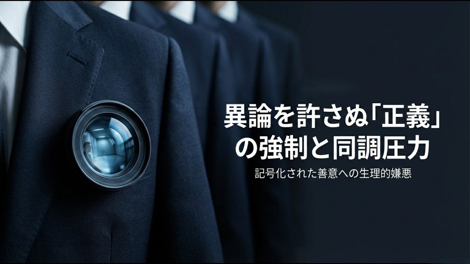 虹色のバッジに象徴される善意の強制と社会的な同調圧力をレンズ越しに覗くイメージ