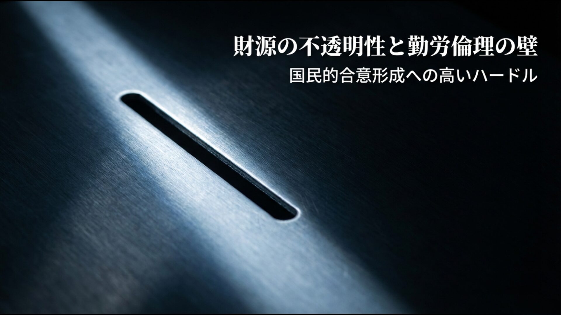 財源の不透明性と国民的合意形成への高いハードルを示す概念図