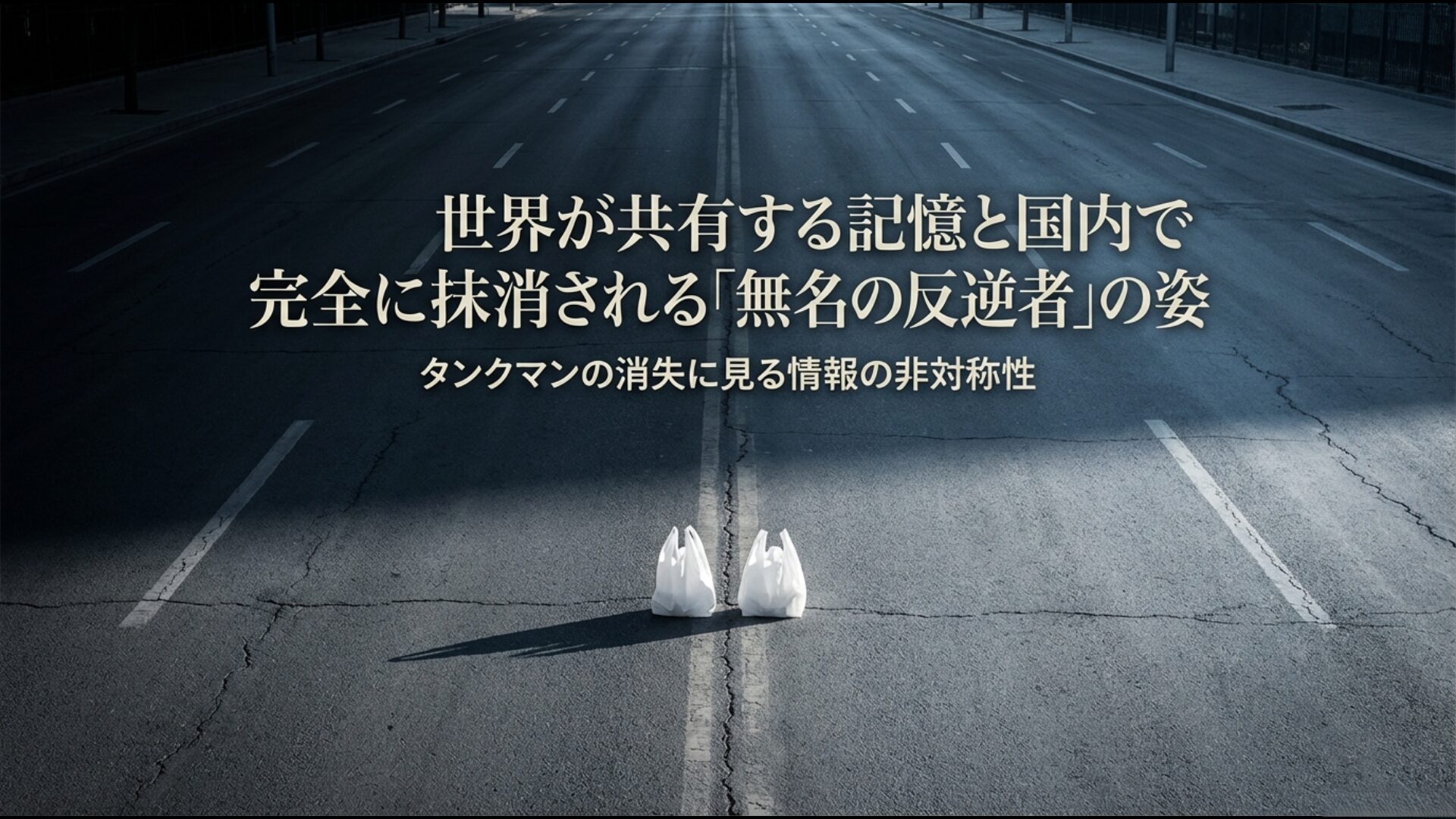 世界で共有される天安門事件の象徴タンクマンと、中国国内での徹底した抹消による情報の非対称性の図解