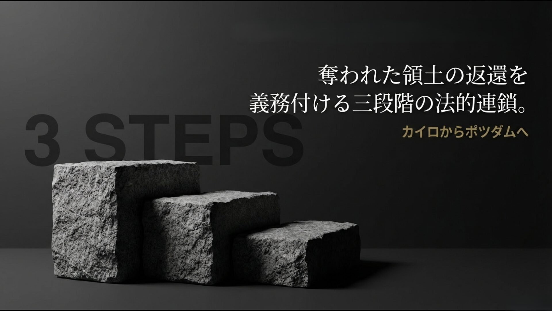 カイロ宣言、ポツダム宣言、降伏文書へと続く奪われた領土の返還を義務付ける三段階の法的連鎖の図解