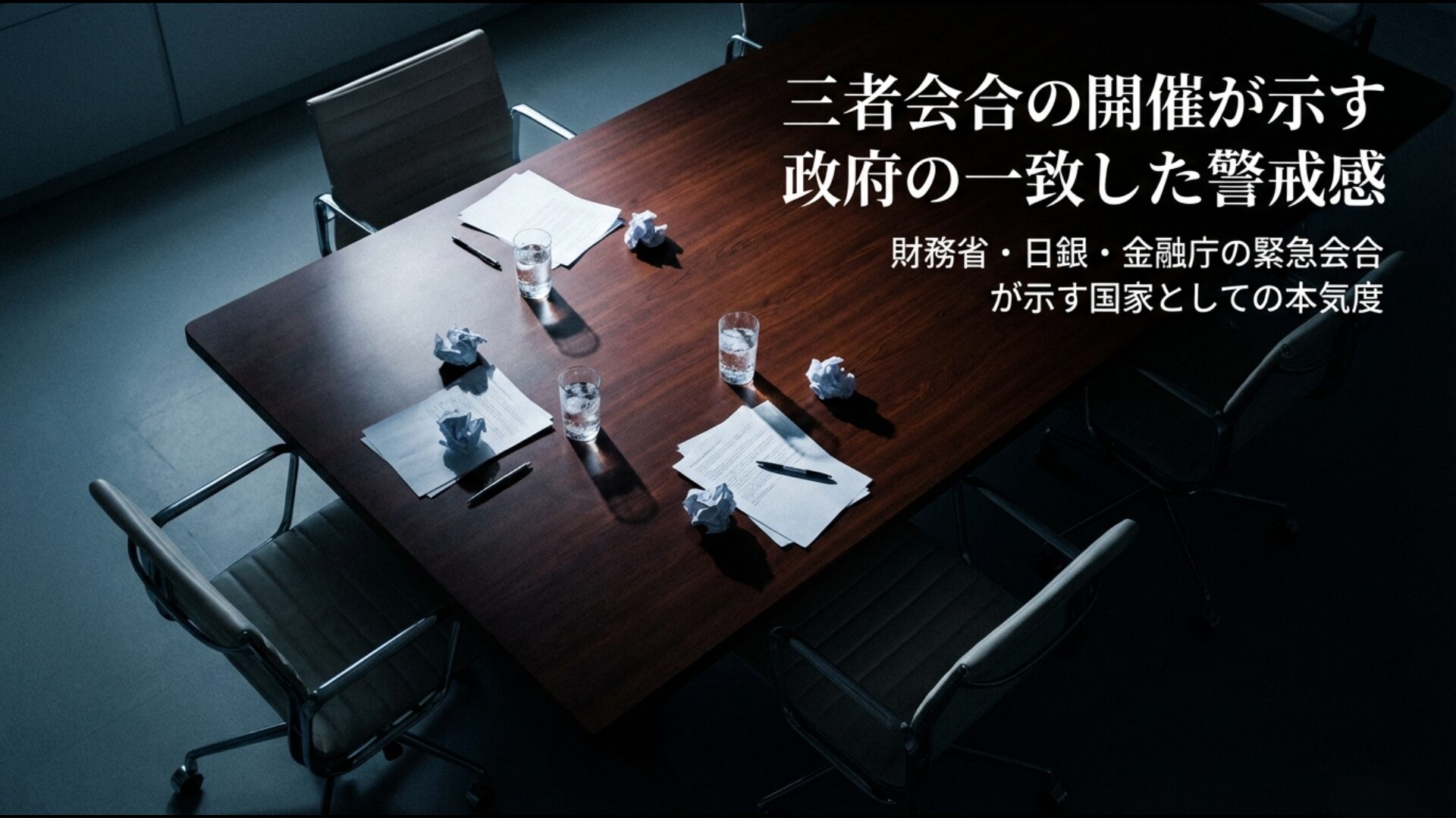 財務省、日本銀行、金融庁による三者会合と国家としての本気度を示すイメージ図