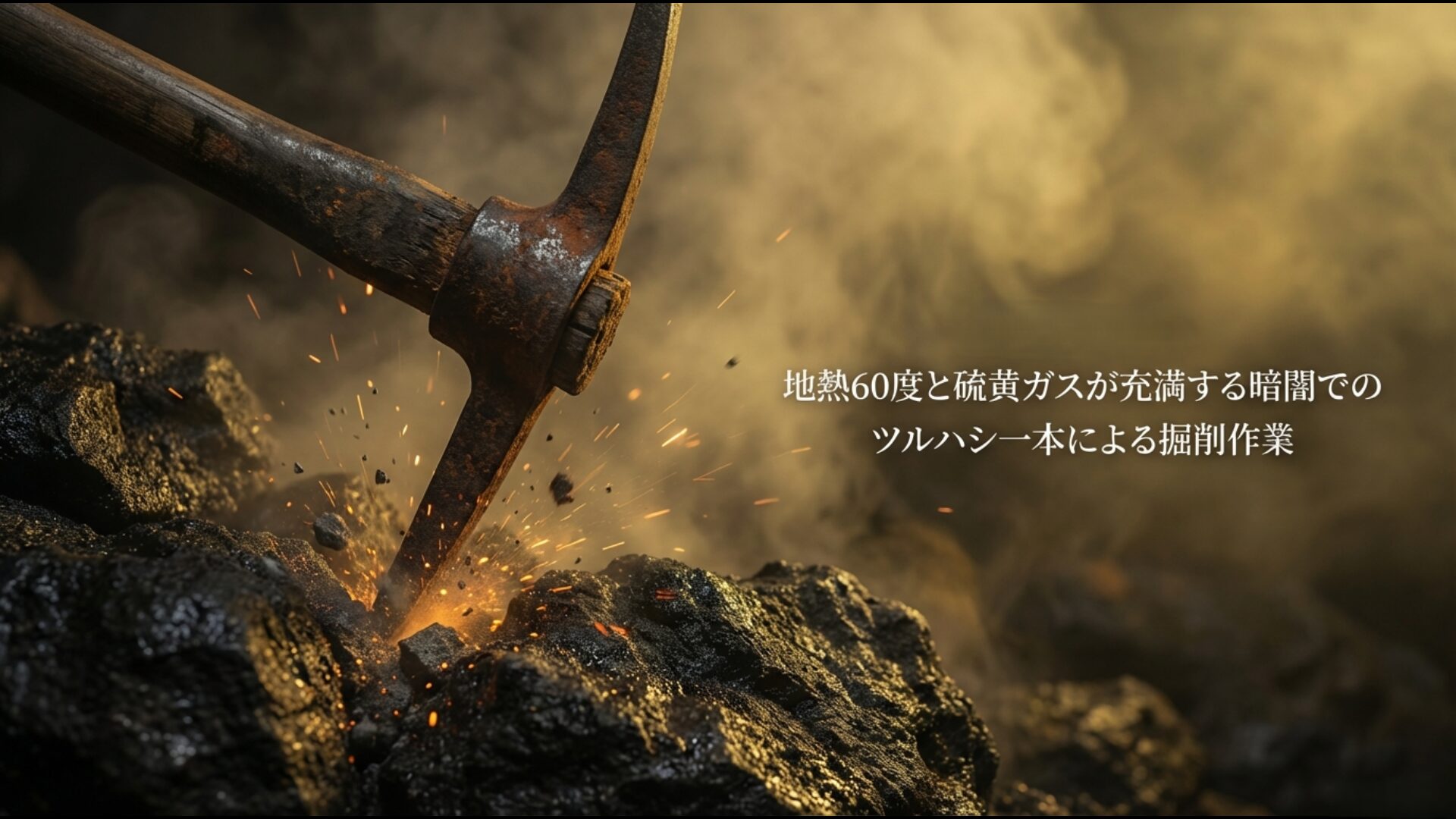 高熱と硫黄ガスの中でツルハシを用い地下陣地を構築する兵士の様子