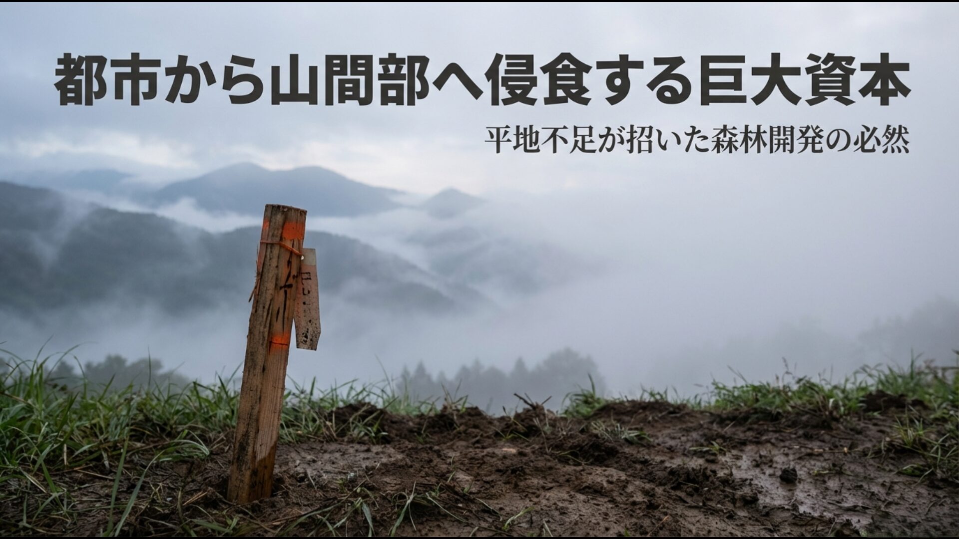 平地不足を背景に山間部へ侵食し森林開発を進めるメガソーラーの造成地