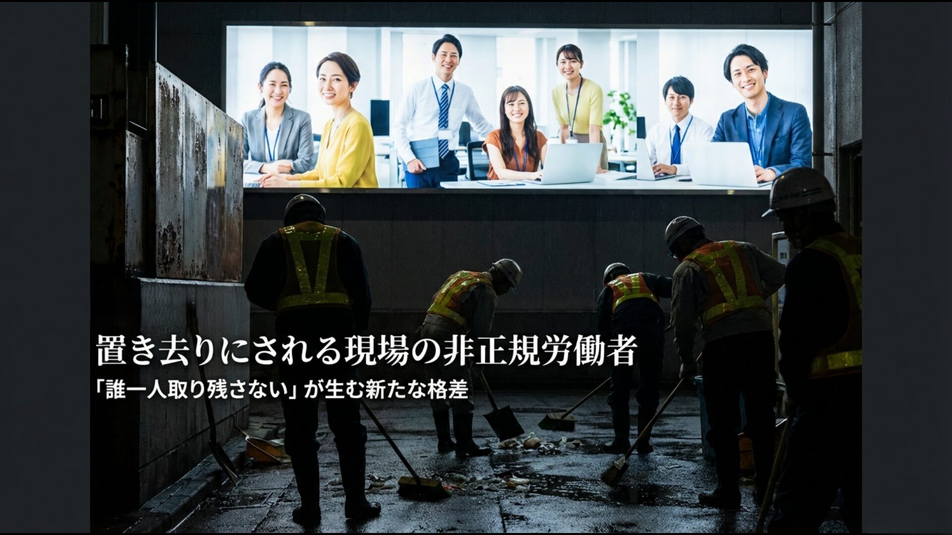 SDGsの理念の陰で発生する新たな格差と現場の非正規雇用労働者の苦境を示すスライド