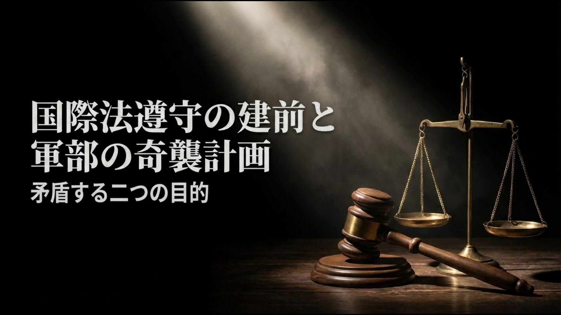 国際法ハーグ条約遵守の建前と日本軍部の奇襲計画の矛盾を示すスライド