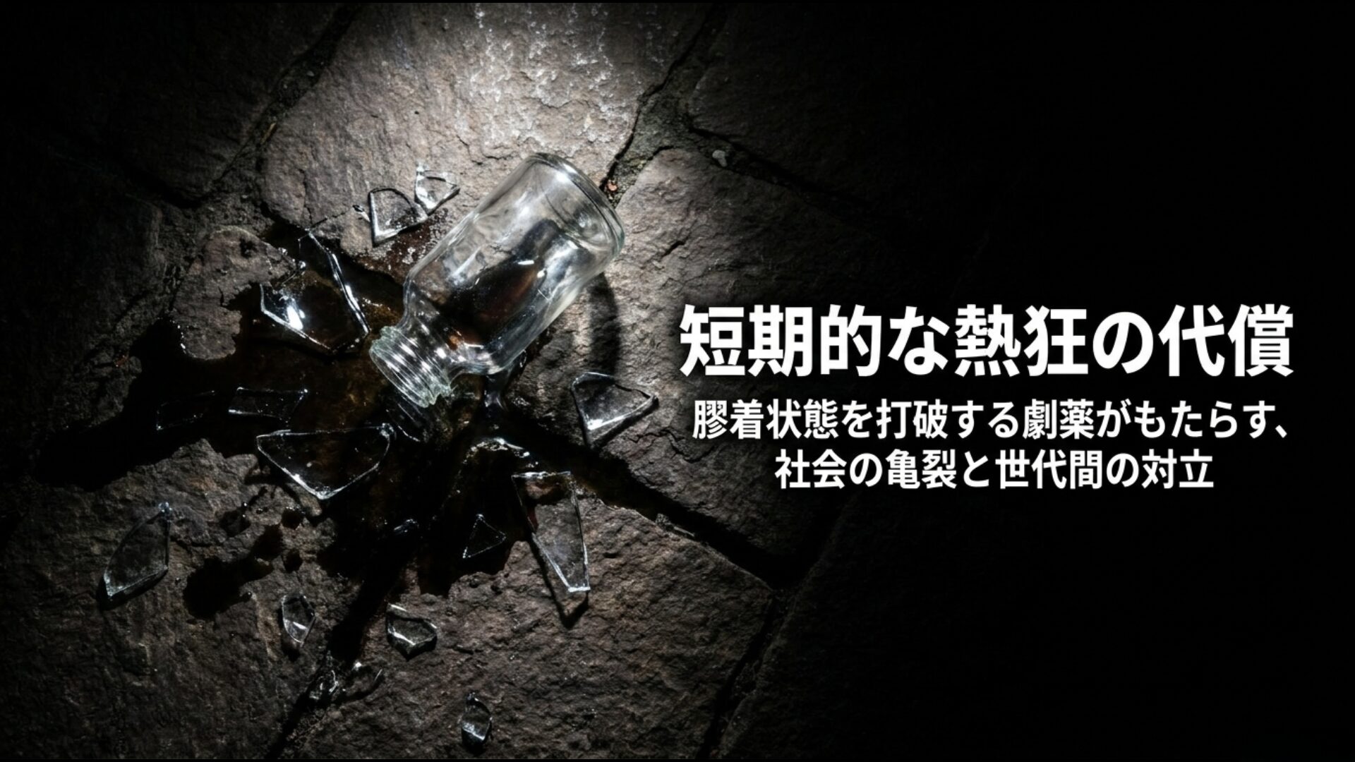 短期的な熱狂が社会に亀裂を生み、将来世代に負担を残す代償についての概念図