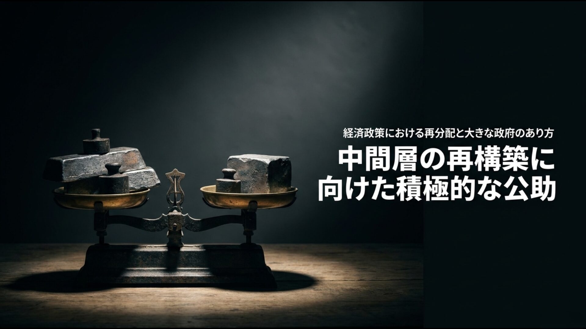経済政策における再分配と大きな政府。中間層再構築に向けた積極的な公助を示す図