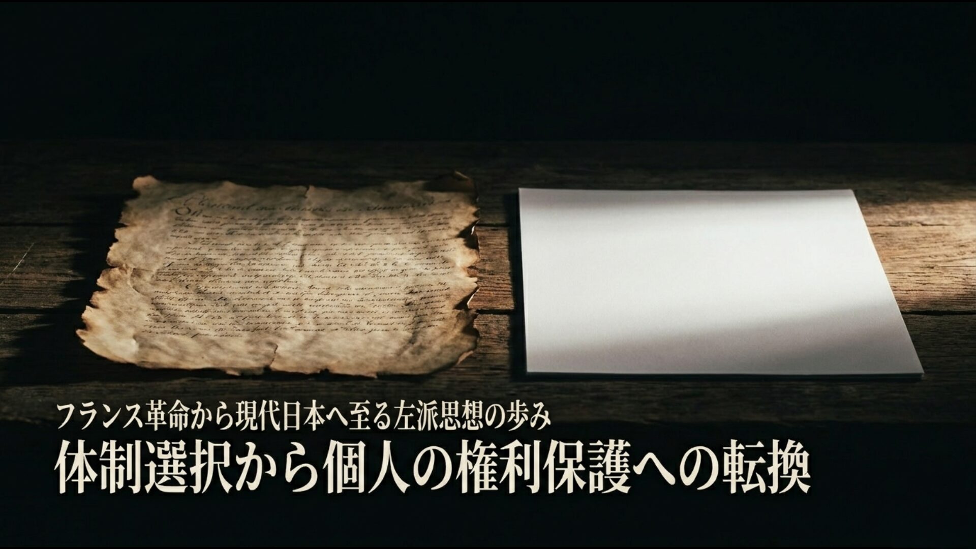 フランス革命から現代日本に至る歩み。体制選択から個人の権利保護への転換を示す年表図