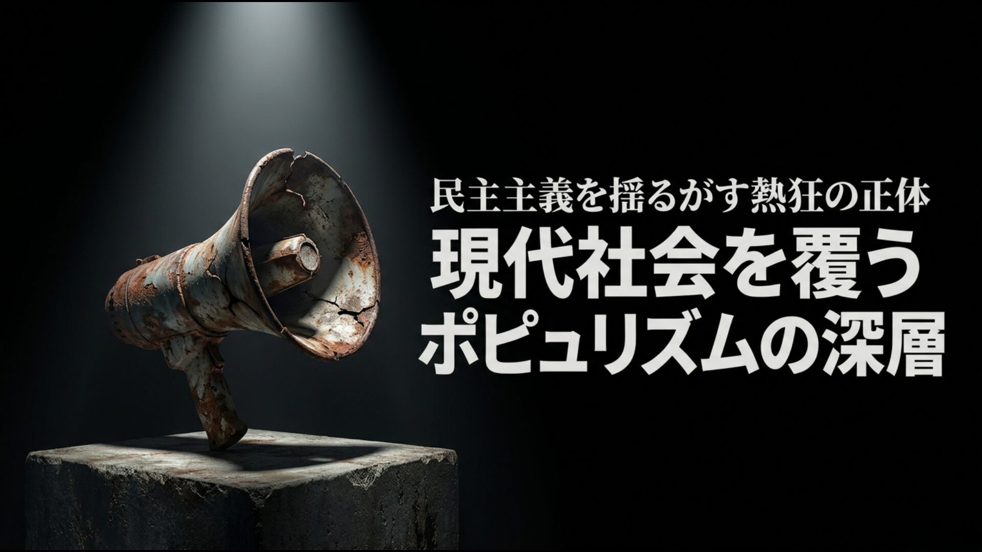 現代社会を揺るがすポピュリズムの熱狂と民主主義への影響を象徴するイメージ画像