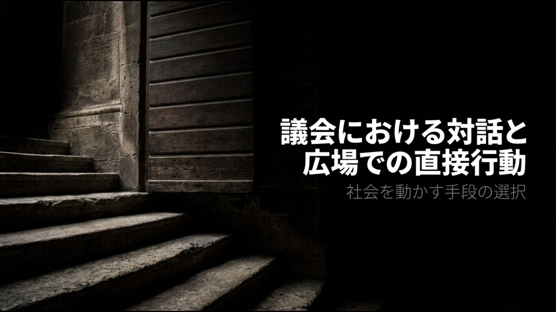議会における対話と広場での直接行動、社会を動かす手段の選択を示す比較図