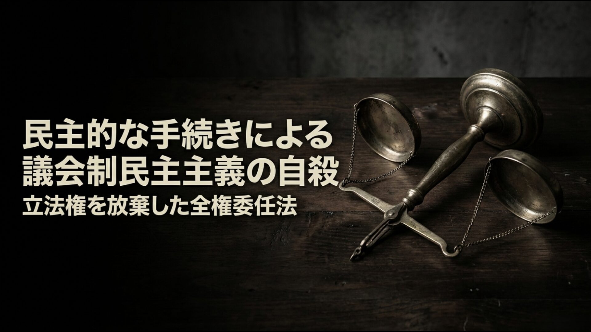 議会が自ら立法権を放棄しヒトラーに全権を委ねた全権委任法の可決と自壊のイメージ